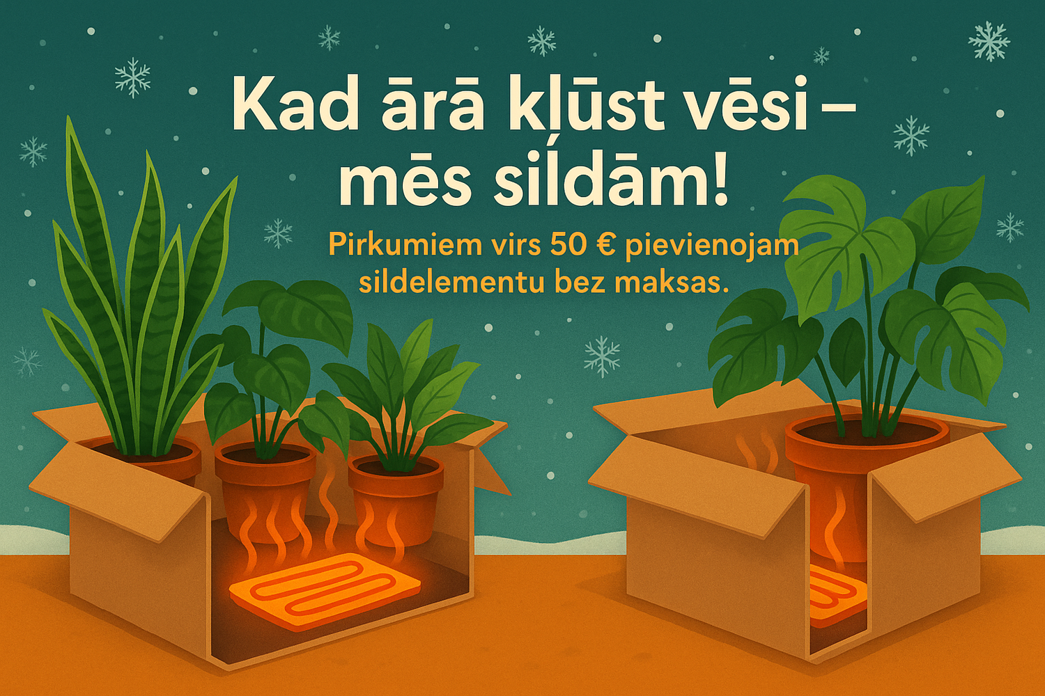 Ar tekstu pa vidu. Kad ārā kļūst vēsi – mēs sildām!
Pirkumiem virs 50 € pievienojam sildelementu bez maksas. Lai cilvēki saprot ka mēs arī aukstos laikaapstākļos piegādājam preci!